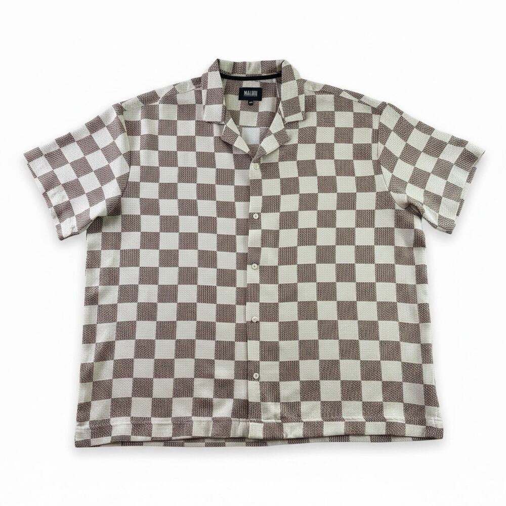 Malibu by Drill Clothing Co 4X Brown Cream Checkerboard Camp Shirt Textured Y2K